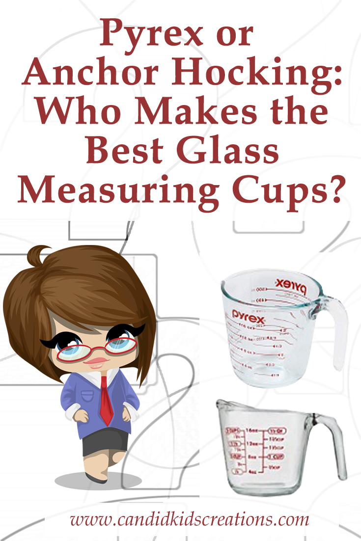 Pinterest image of cartoon business woman on the left facing 2 glass measuring cups with text reading Pyrex or Anchor Hocking: Who makes the best glass measuring cups at the top