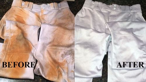 how to clean baseball pants - Image of a dirty pair of baseball pants beside the clean baseball pants for a before and after picture of the same pants.