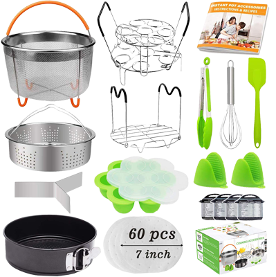 Image of a 20 piece set of accessories for the Instant Pot. Some items in the image are a steam basket and a steam tray, a springform cake pan, a 2-tier egg rack, oven mits, parchment paper circles, and an instruction booklet.