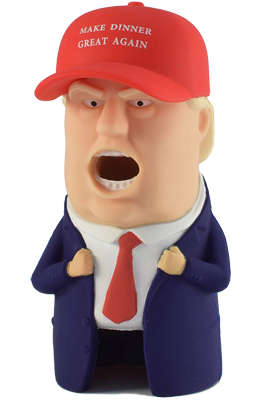 Image of a steam release valve that looks like the President of the United States wearing a blue suit jacket over a white shirt and red tie and a red baseball hat that says Make Dinner Great Again.